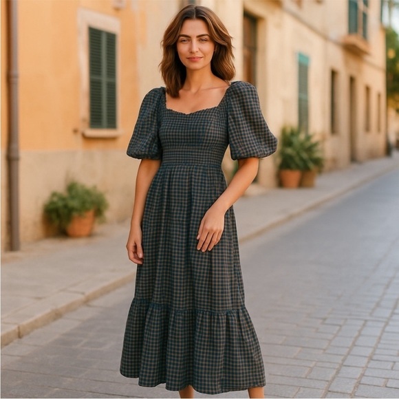 Wayf gingham smock Puff Sleeve Midi Dress - Picture 1 of 5
